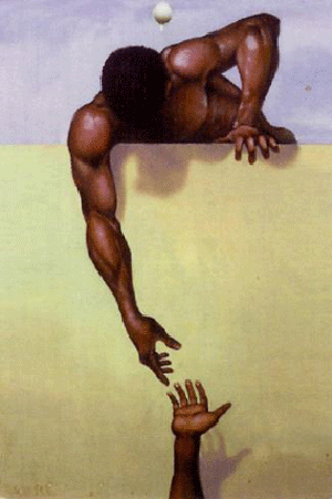 Black man reaching over wall to lift up his brother.